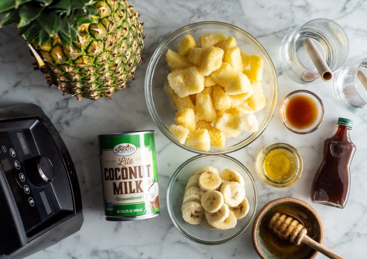 overhead view of the ingredients in this pineapple smoothie recipe