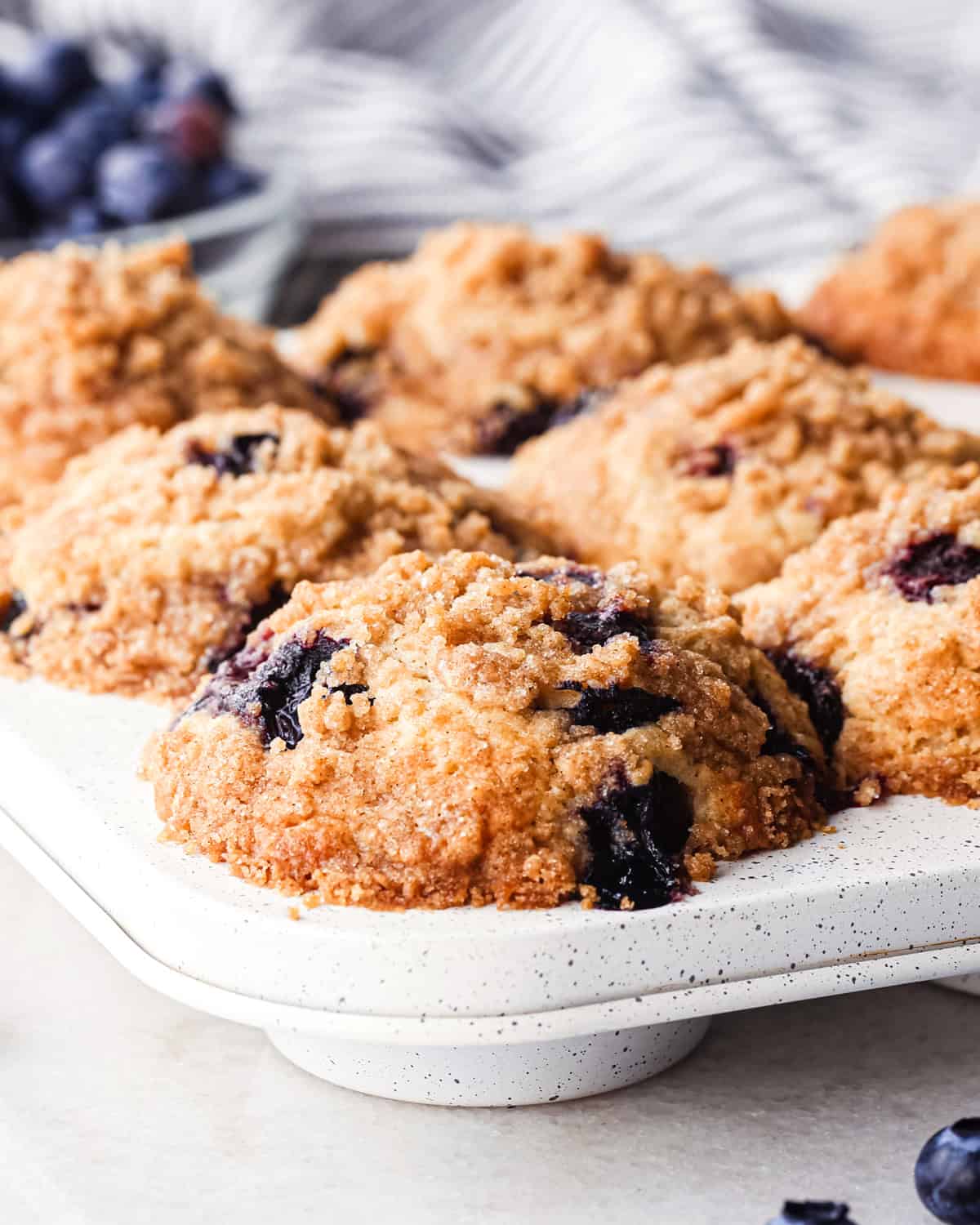 front view of 7 baked blueberry muffins in a white muffin tin