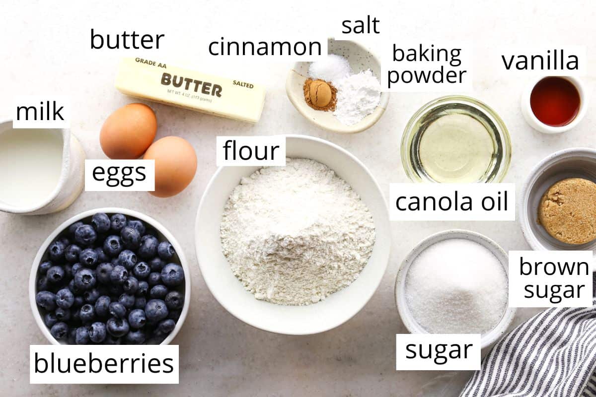 overhead photo of the labeled ingredients in this blueberry muffin recipe in bowls like canola oil, brown sugar, blueberries, flour, sugar, eggs, butter, milk and more. 