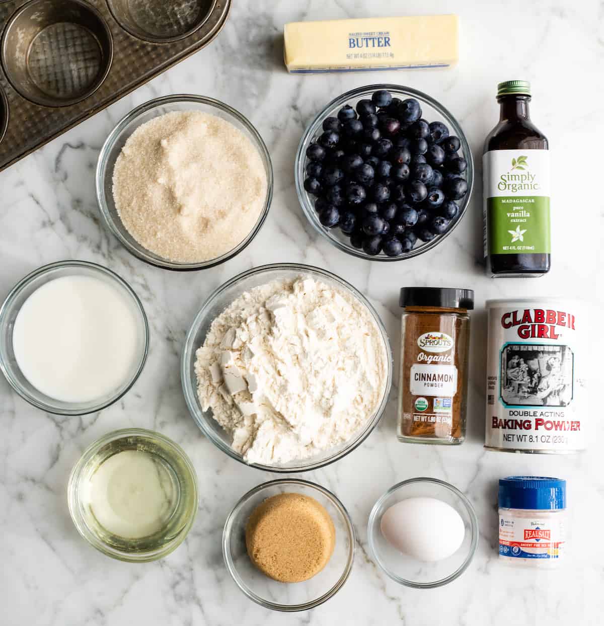overhead photo of the ingredients in this blueberry muffin recipe
