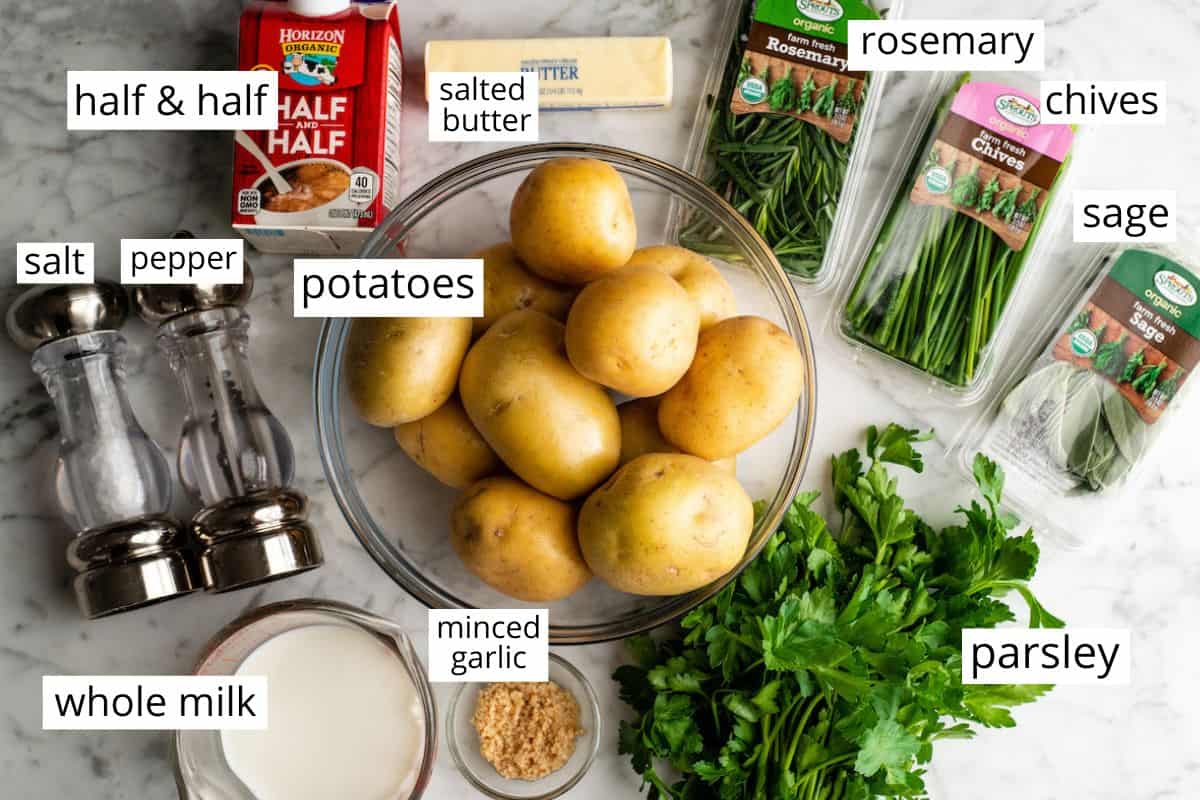 overhead photo of the labeled ingredients in this best mashed potatoes recipe