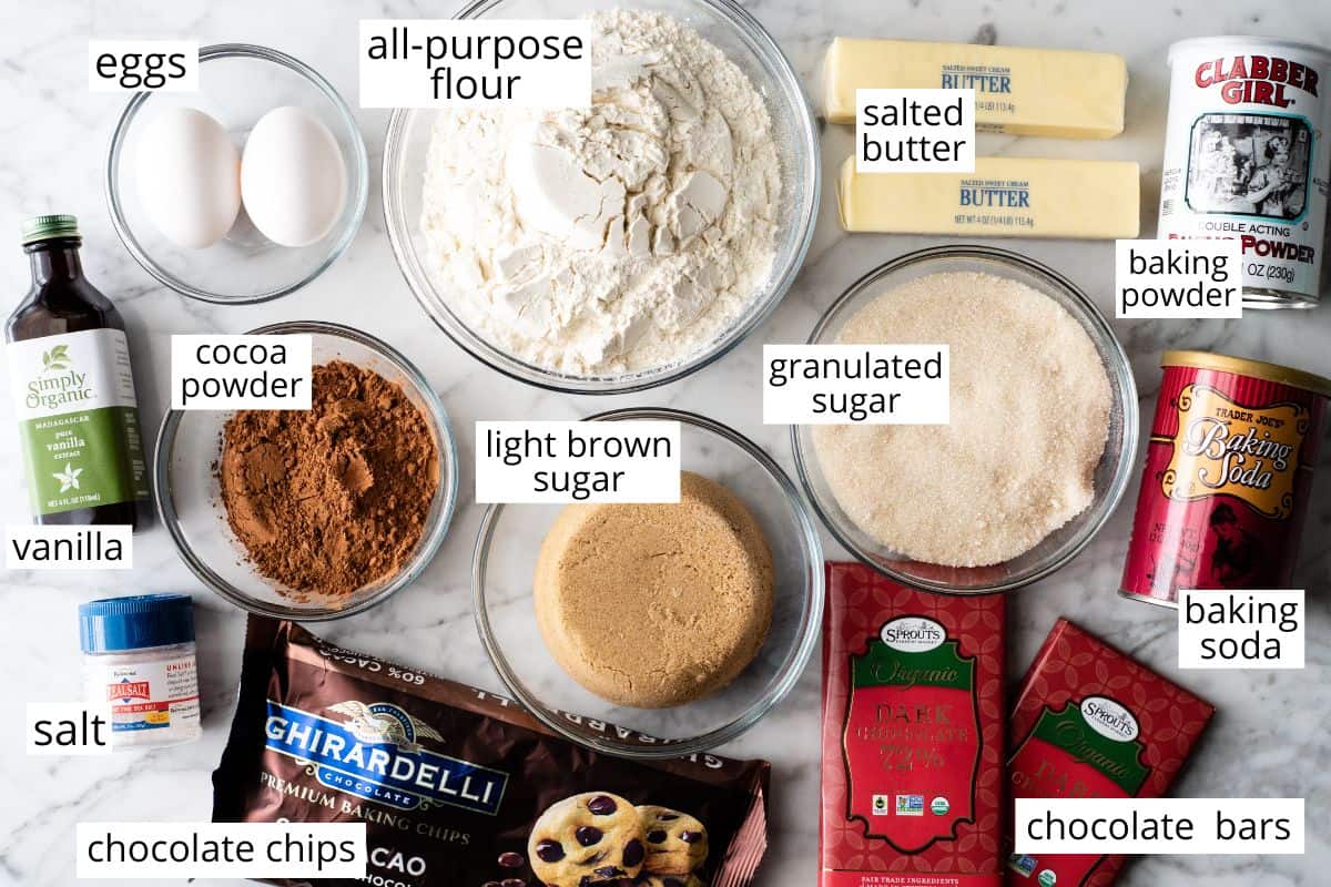 overhead photo of the labeled ingredients in this double chocolate cookie recipe