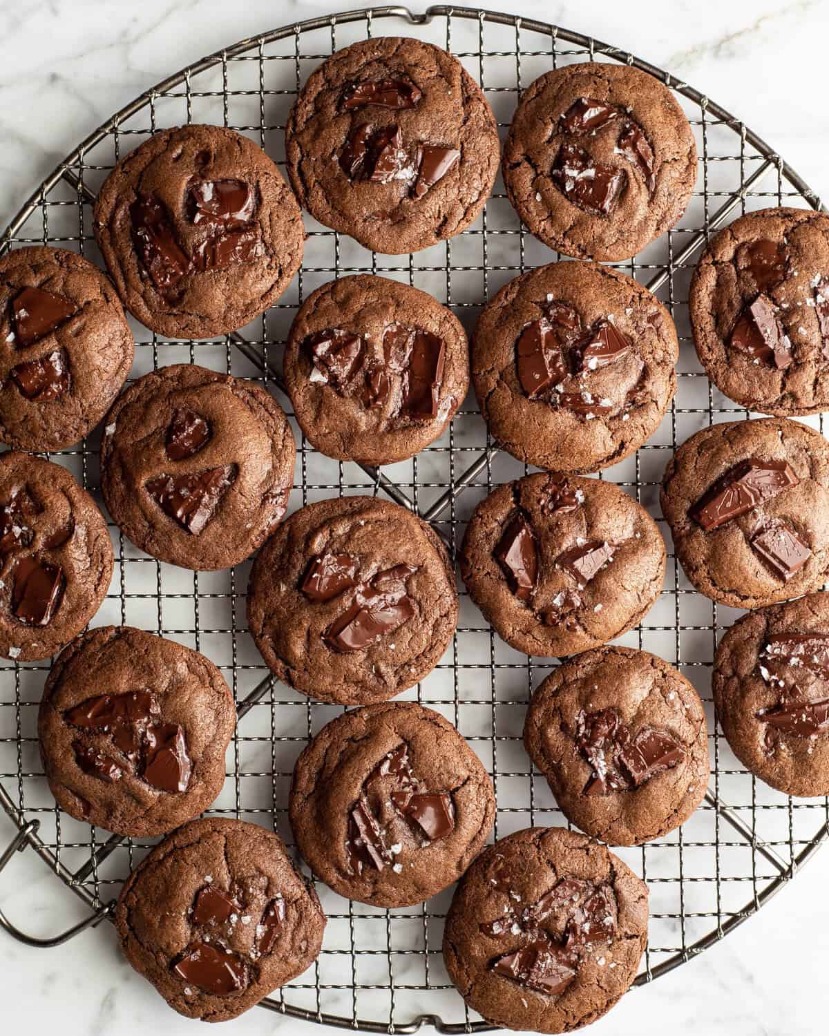 The BEST easy double chocolate chip cookie recipe ever! These chocolate cookies have soft centers, chewy edges and are irresistibly chocolatey. They come together in 5 minutes and require only 30 minutes of chilling time! #chocolate #cookies #chocolatecookies #baking #joyfoodsunshine 18 double chocolate chip cookies on a round metal wire cooling rack with melty chopped chocolate and flaky sea salt on top