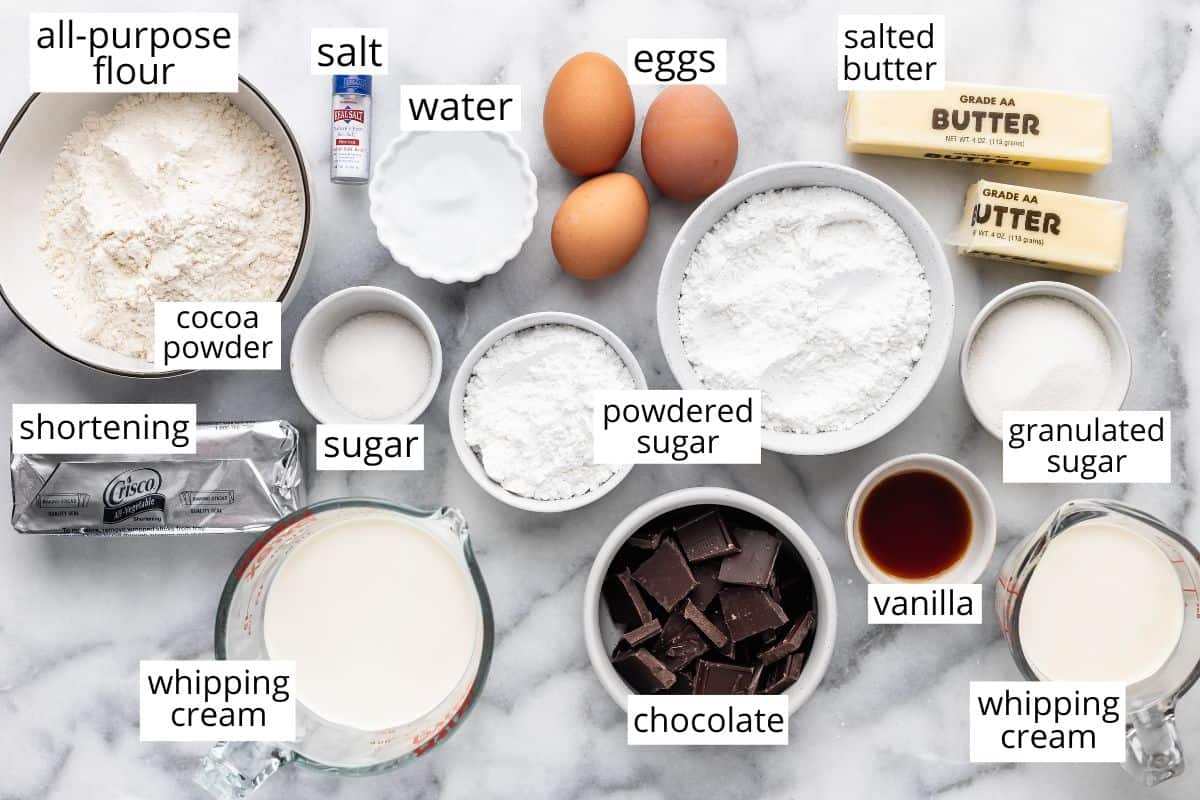 overhead view of the labeled ingredients in this French silk pie recipe