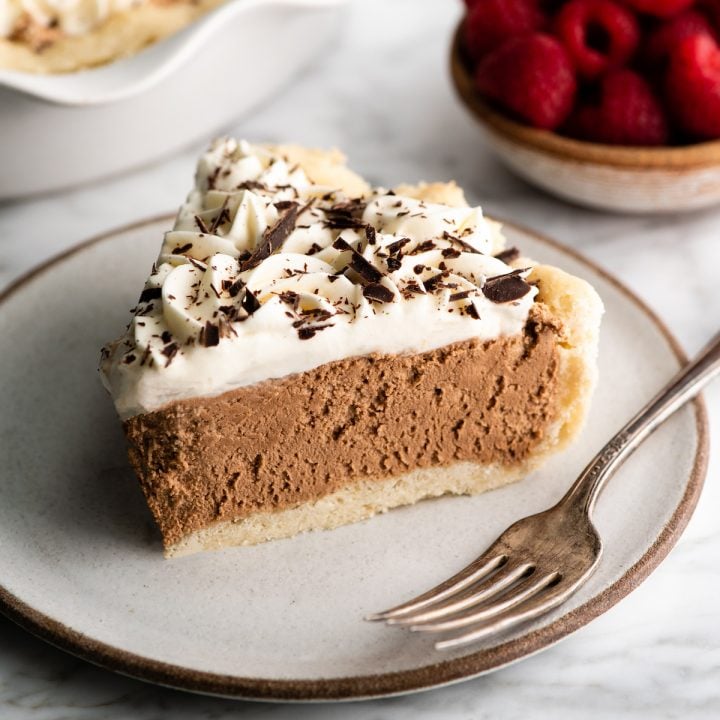 front view of a slice of French silk pie on a plate