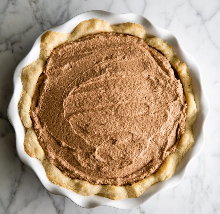 overhead view of french silk pie filling