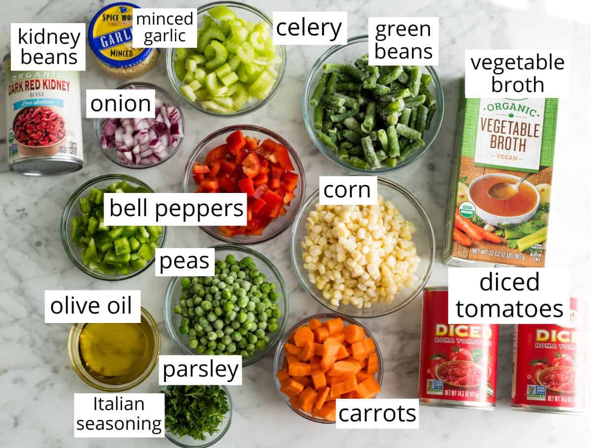 photo of the labeled ingredients in this vegetable soup recipe
