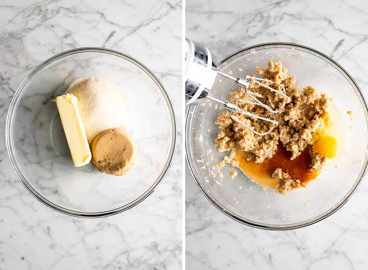 two photos showing how to make a pizookie - creaming butter and sugars, adding eggs and vanilla 