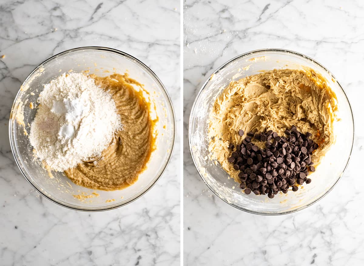 two photos showing how to make a pizookie - adding dry ingredients and chocolate chips