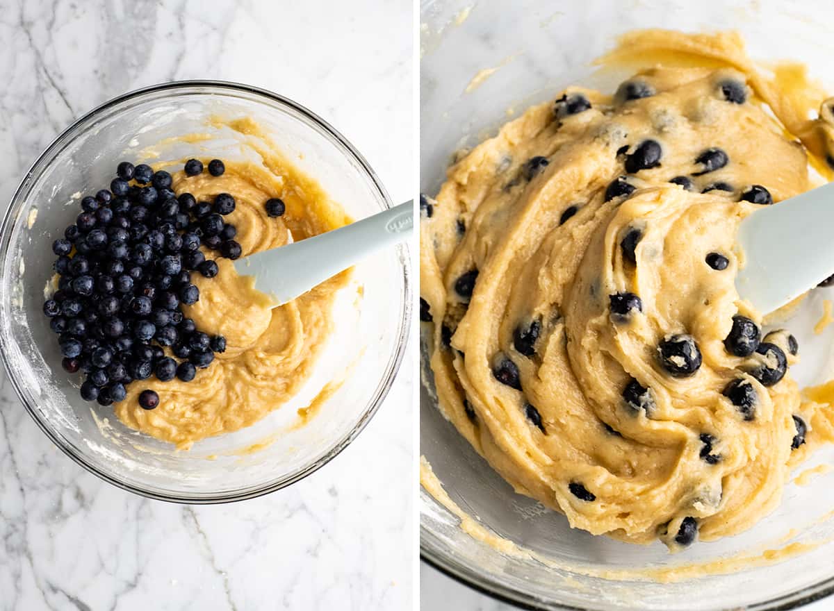 two photos showing How to Make Blueberry Muffins - folding the blueberries into the batter.