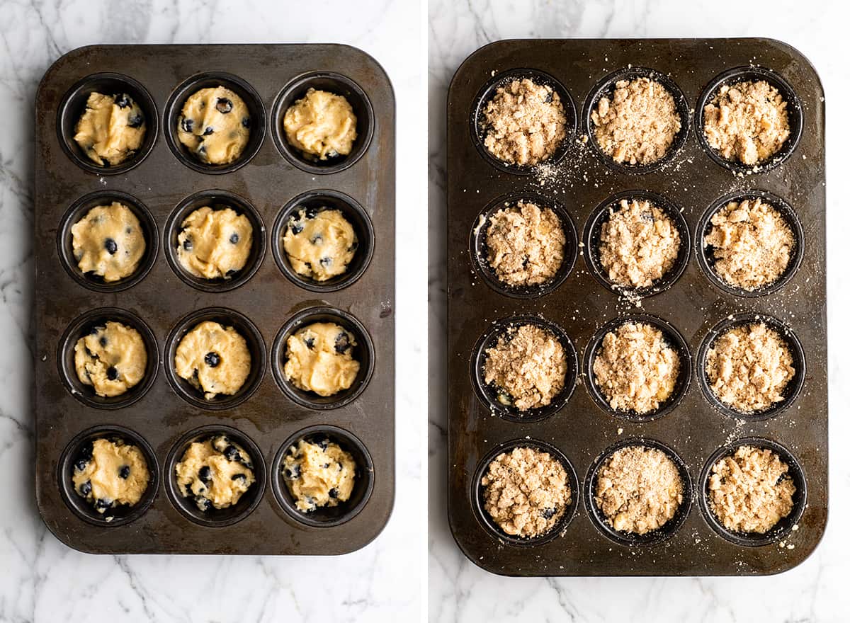 two photos showing How to Make Blueberry Muffins - putting the batter into a muffin tin and adding the crumb topping. 