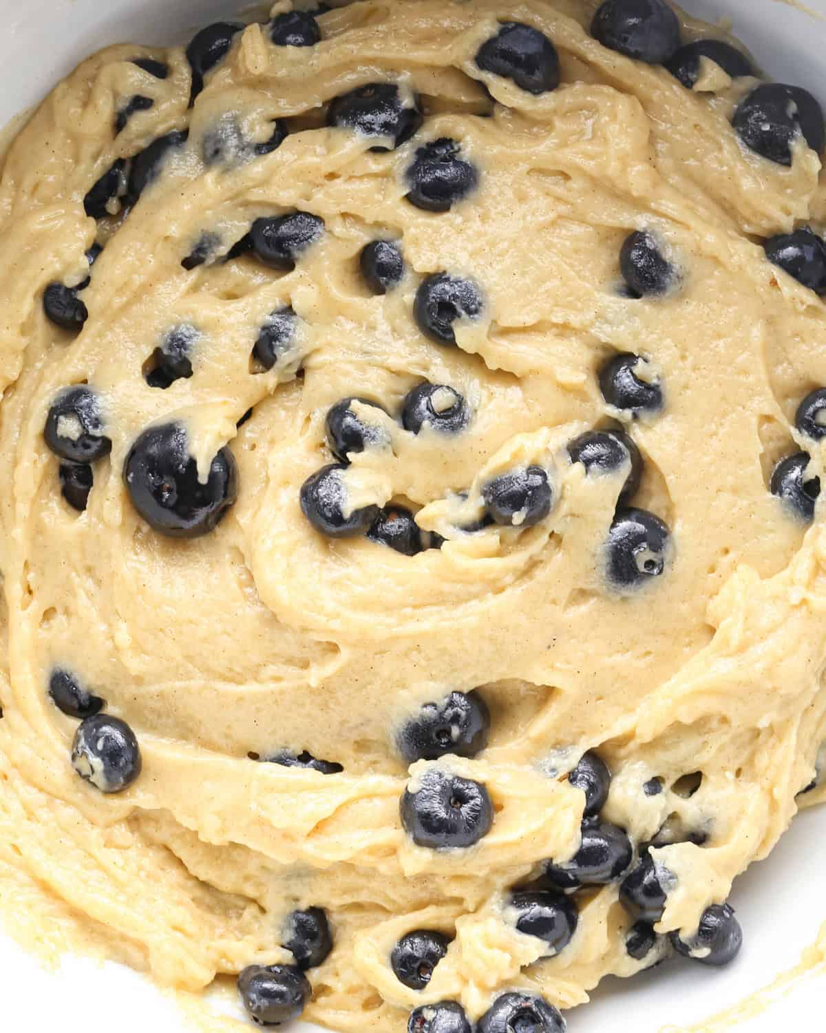 final blueberry muffin batter in a white bowl