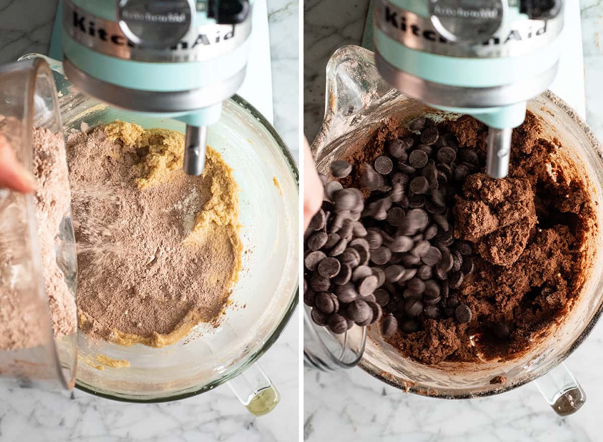 two overhead photos showing how to make chocolate cookies