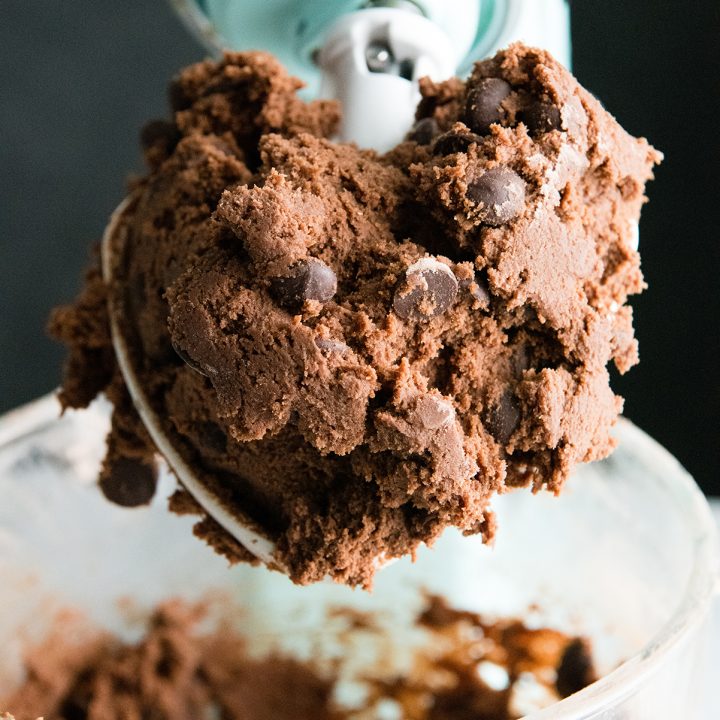 front view of the double chocolate cookie dough in the mixer
