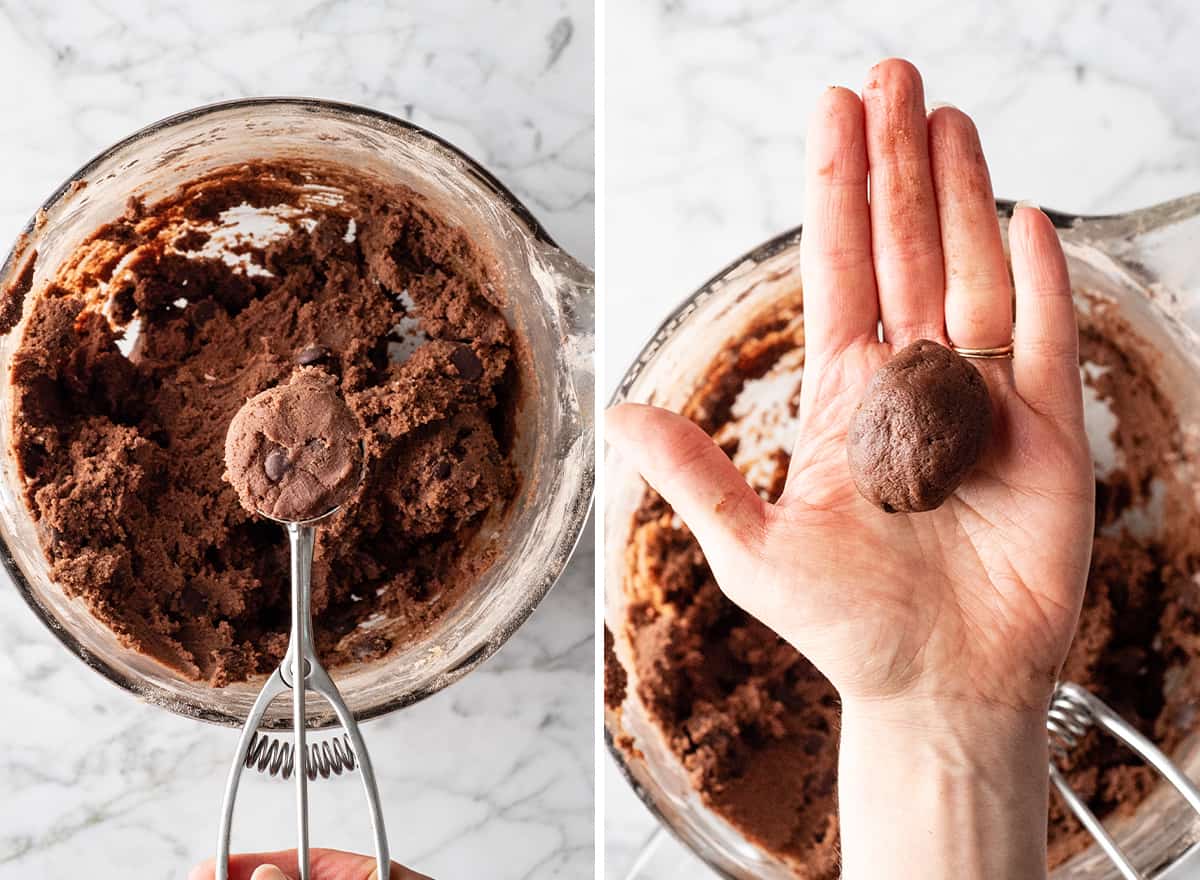 two photos showing how to make double chocolate cookies recipe