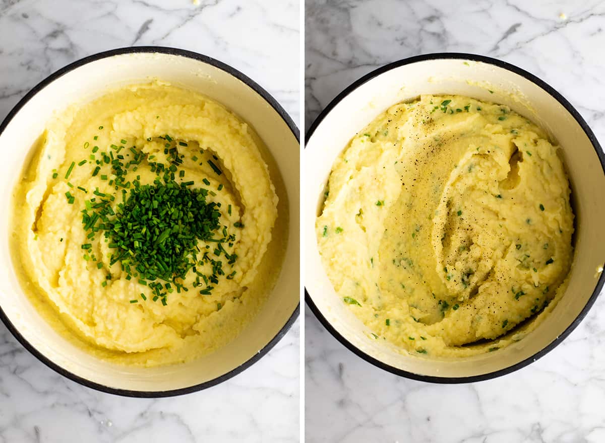 two photos showing how to make mashed potatoes - adding chives