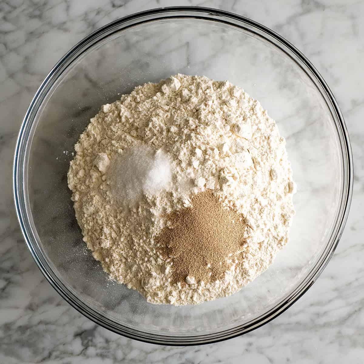 overhead view of the dry ingredients in this no knead bread recipe