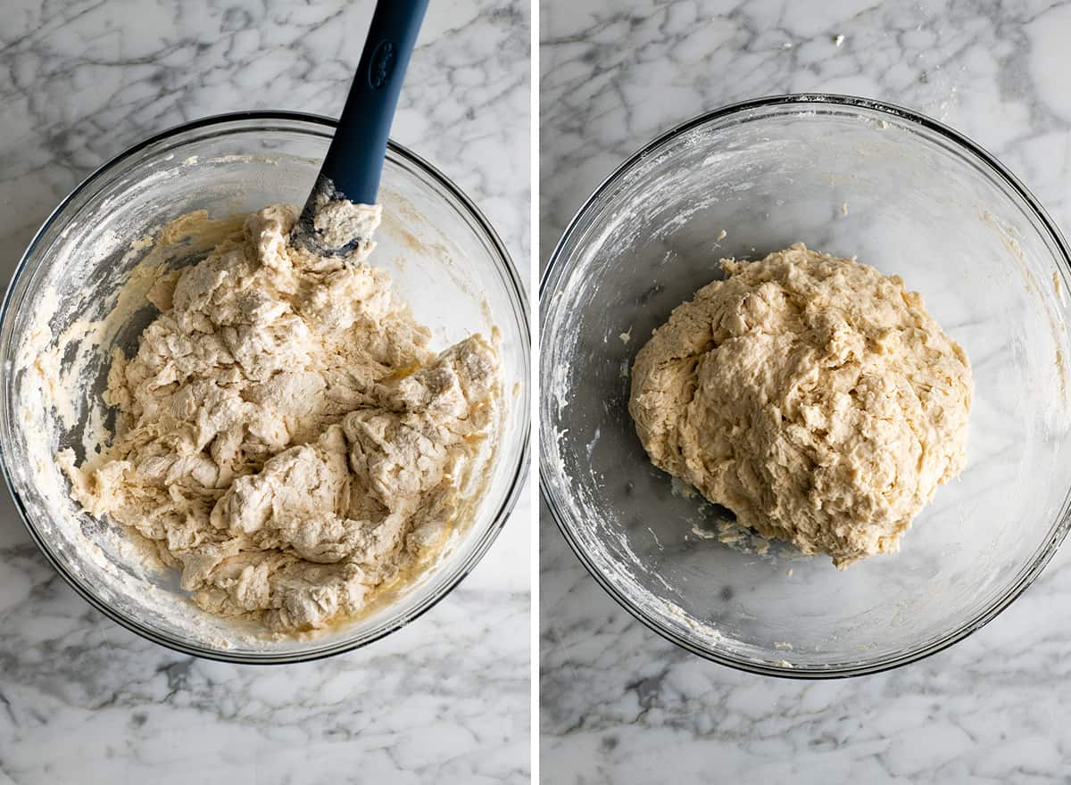 two overhead photos showing how to make no knead bread mixing dough