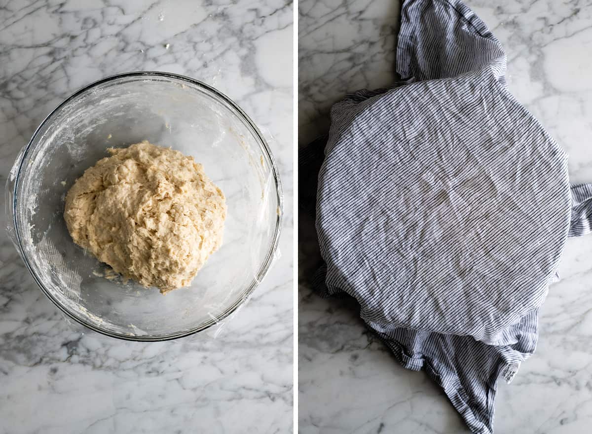 two overhead photos showing how to make no knead bread covering dough and rising