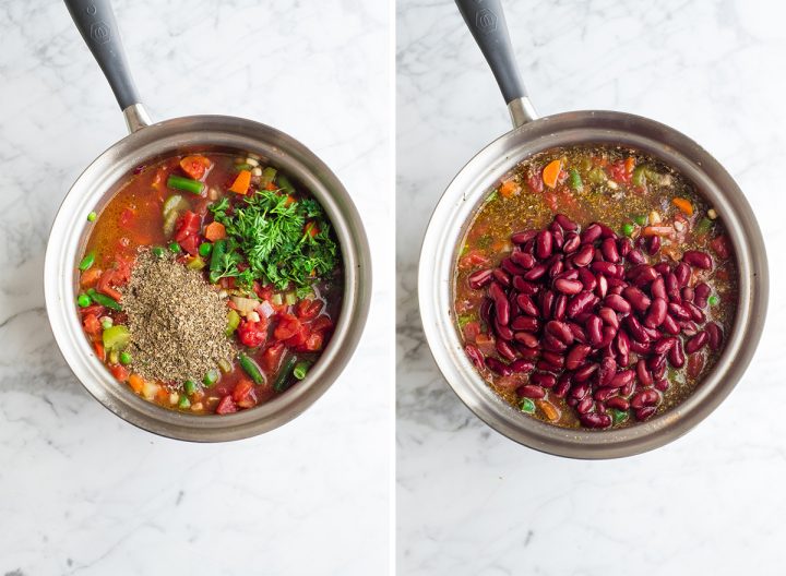 two overhead photos showing how to make vegetable soup