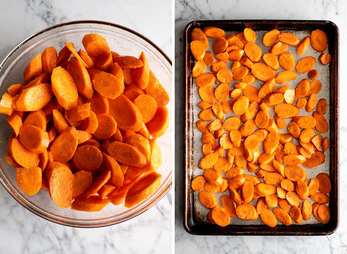 two overhead photos showing how to roast carrots - coated with spice mixture then spread out on a baking sheet before roasting