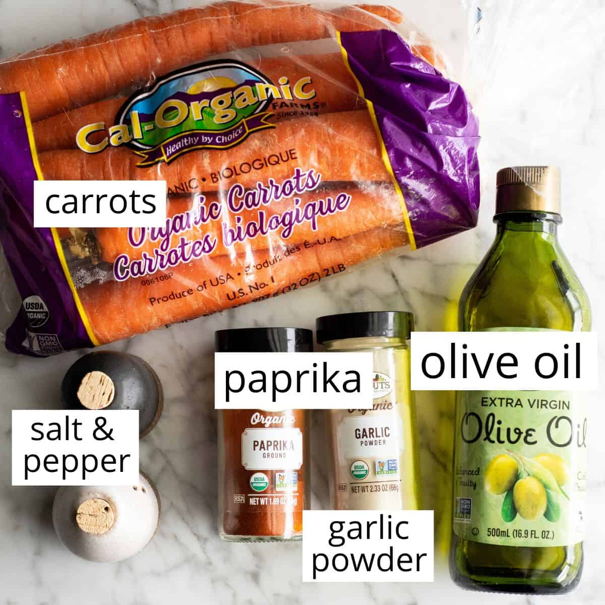 overhead photo of the labeled ingredients in this roasted carrots recipe