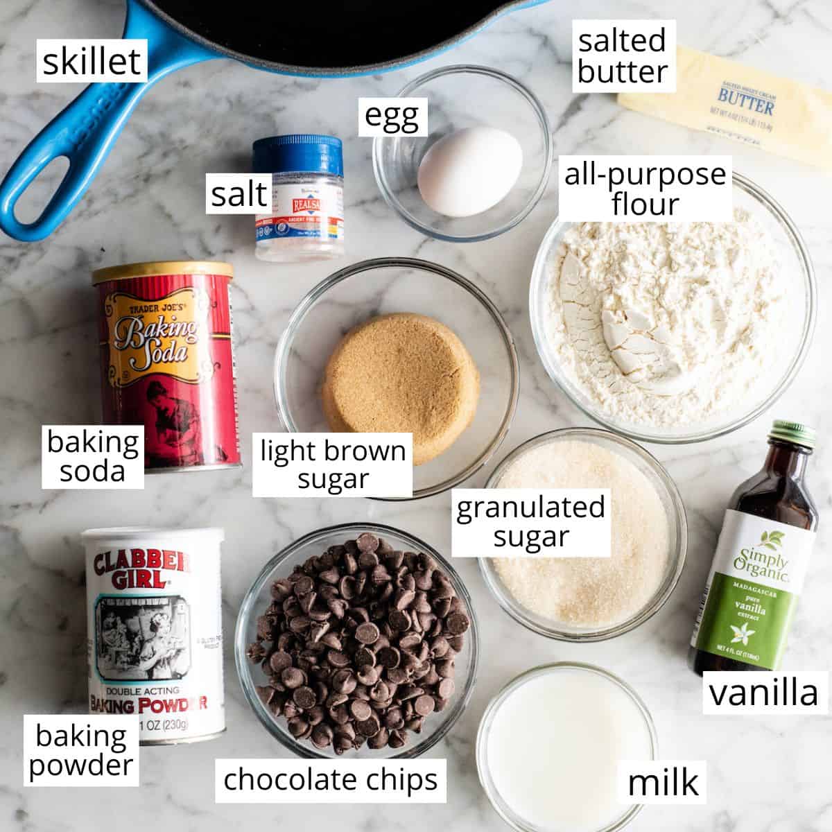 overhead view of the labeled ingredients in this skillet cookie recipe