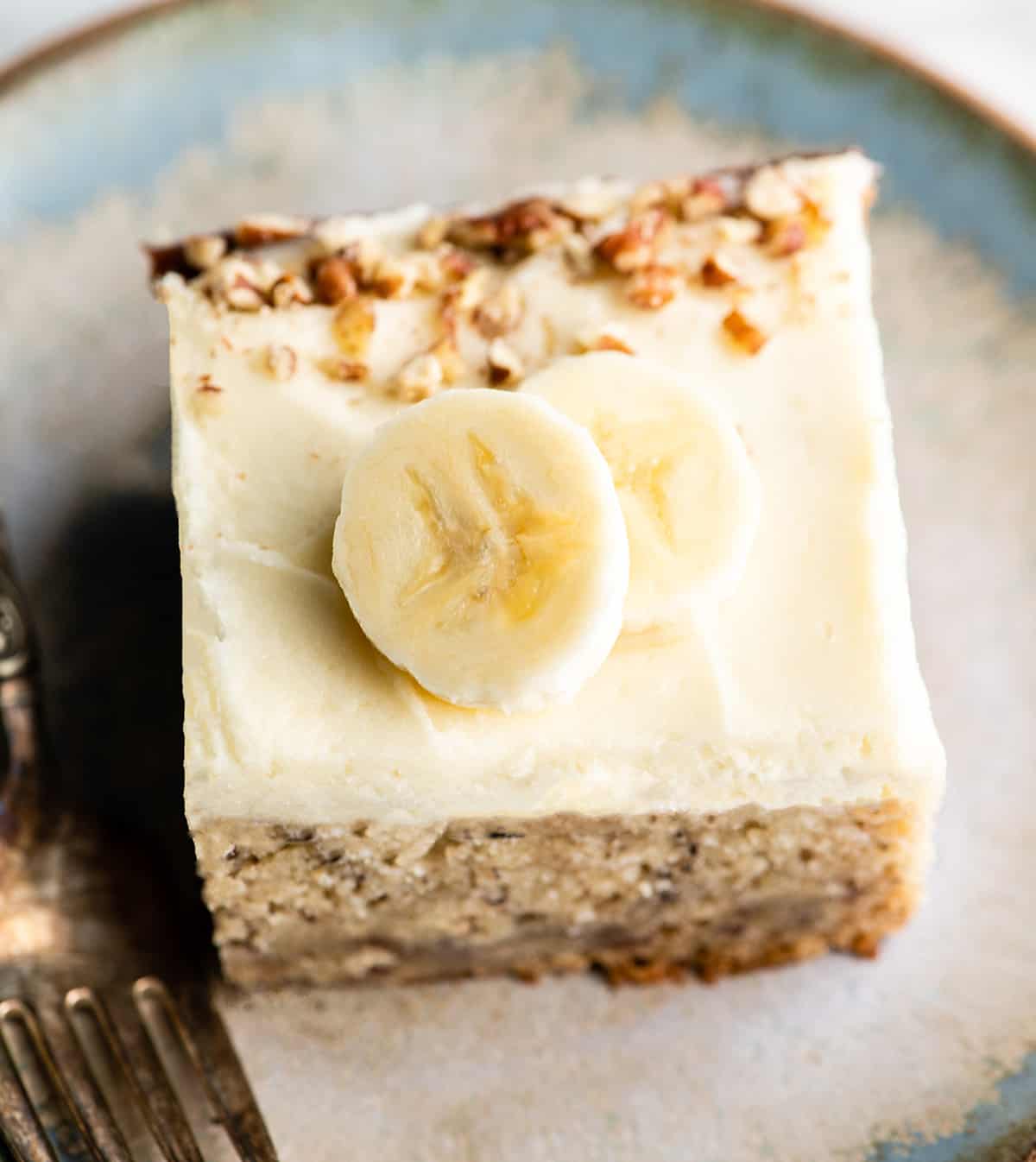 overhead view of a piece of banana cake
