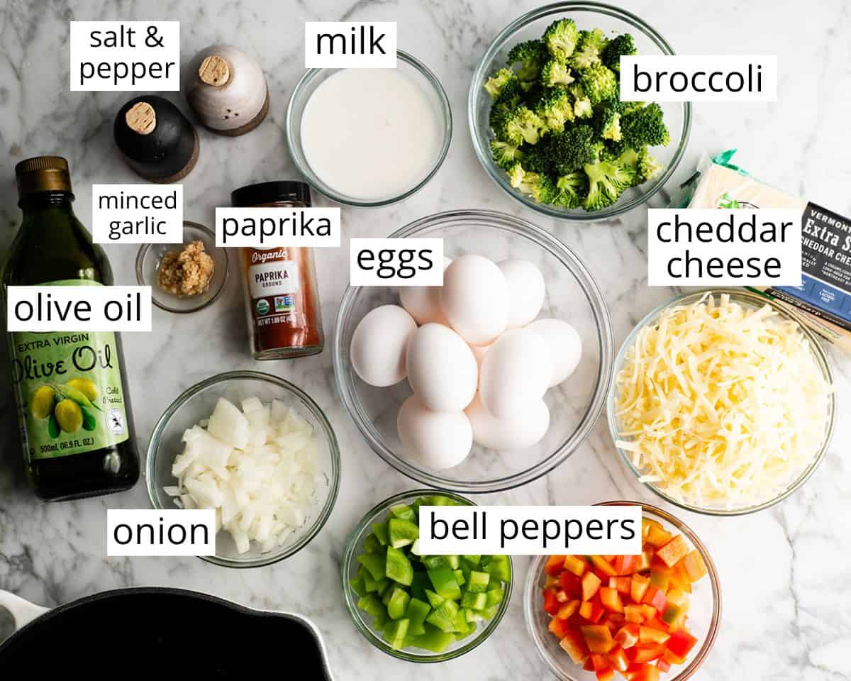 overhead view of the labeled ingredients in this frittata recipe