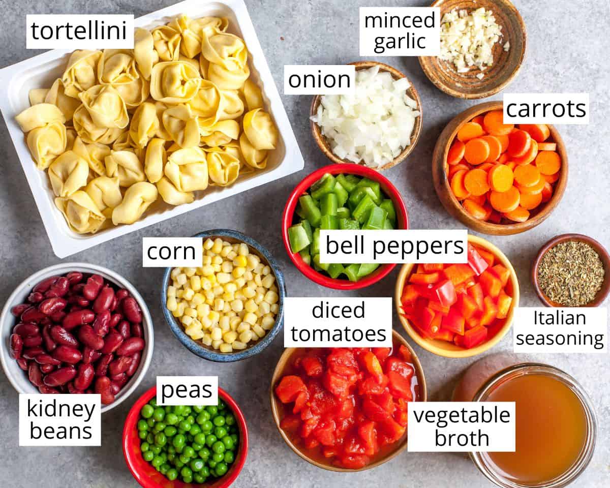 overhead photo of the labeled ingredients in this Tortellini Soup Recipe