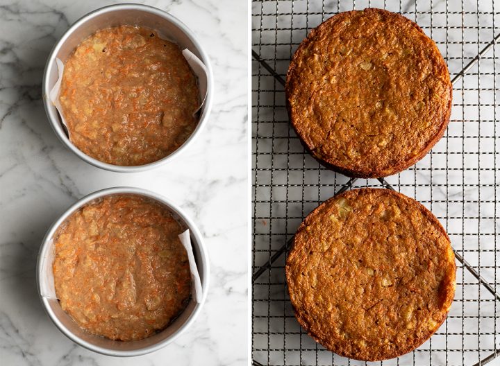 two photos showing how to make pineapple carrot cake - in pans before baking and then cooling on a wire rack