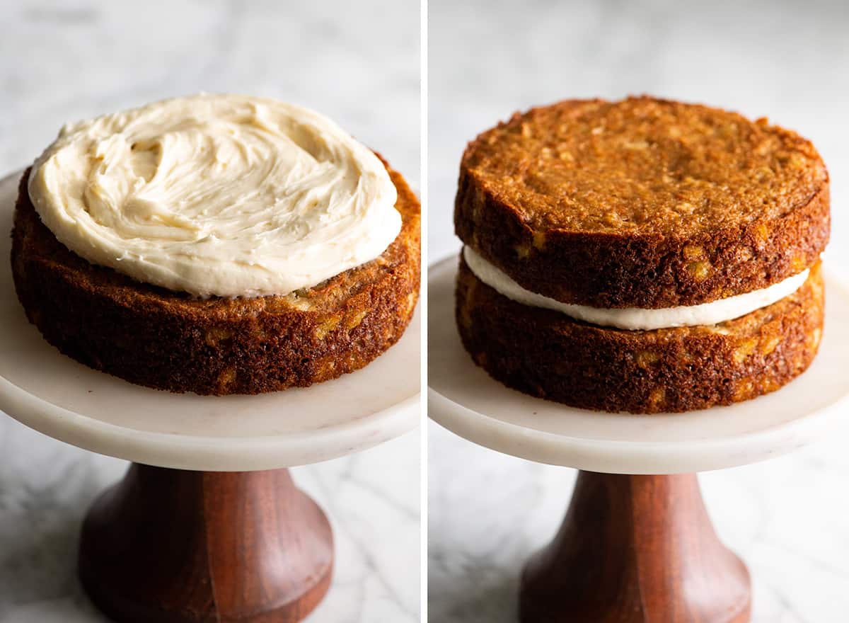 two photos showing how to make pineapple carrot cake - frosting the cake rounds