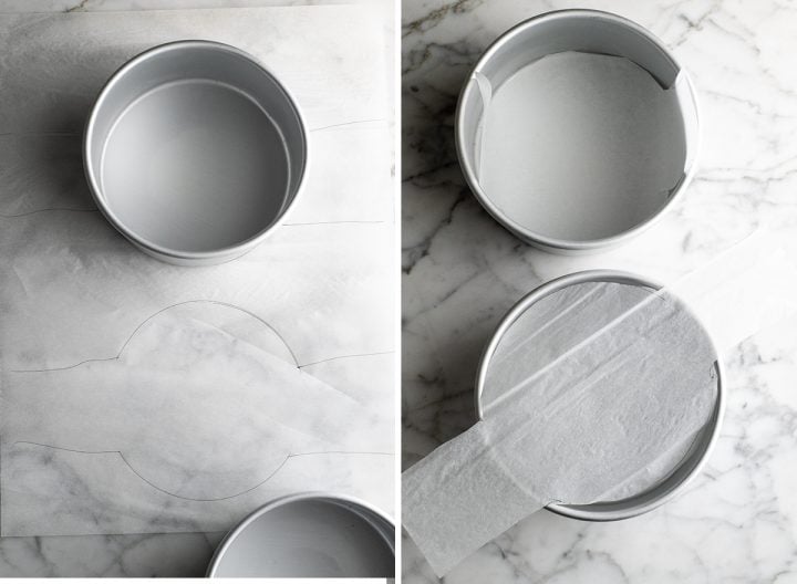 two photos showing how to line cake pans with parchment paper
