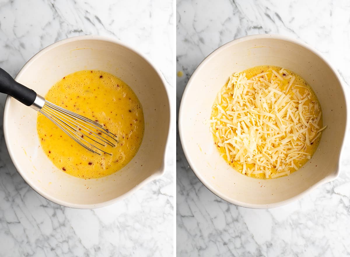 two photos showing how to make frittata recipe whisking eggs, adding cheese