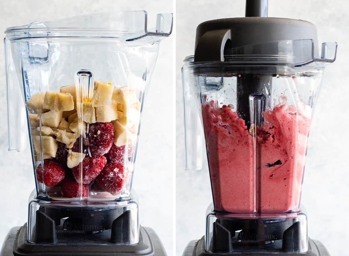 two photos showing how to make a smoothie bowl in a Vitamix blender