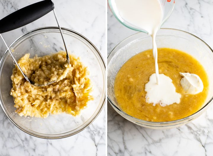 two photos showing how to make banana cake -  mashing bananas and adding milk & sour cream