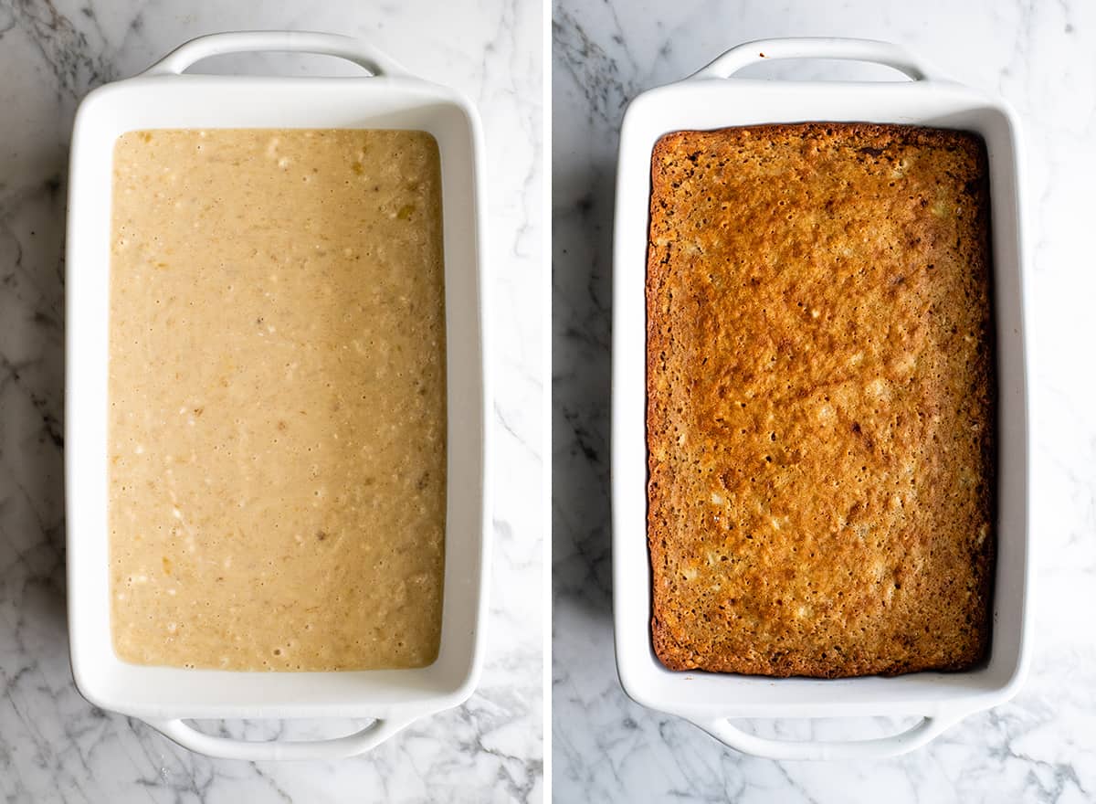 two photos showing how to make banana cake batter in the baking dish before and after baking