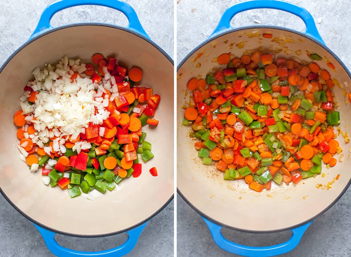 two overhead photos showing how to make tortellini soup - sautéing the vegetables