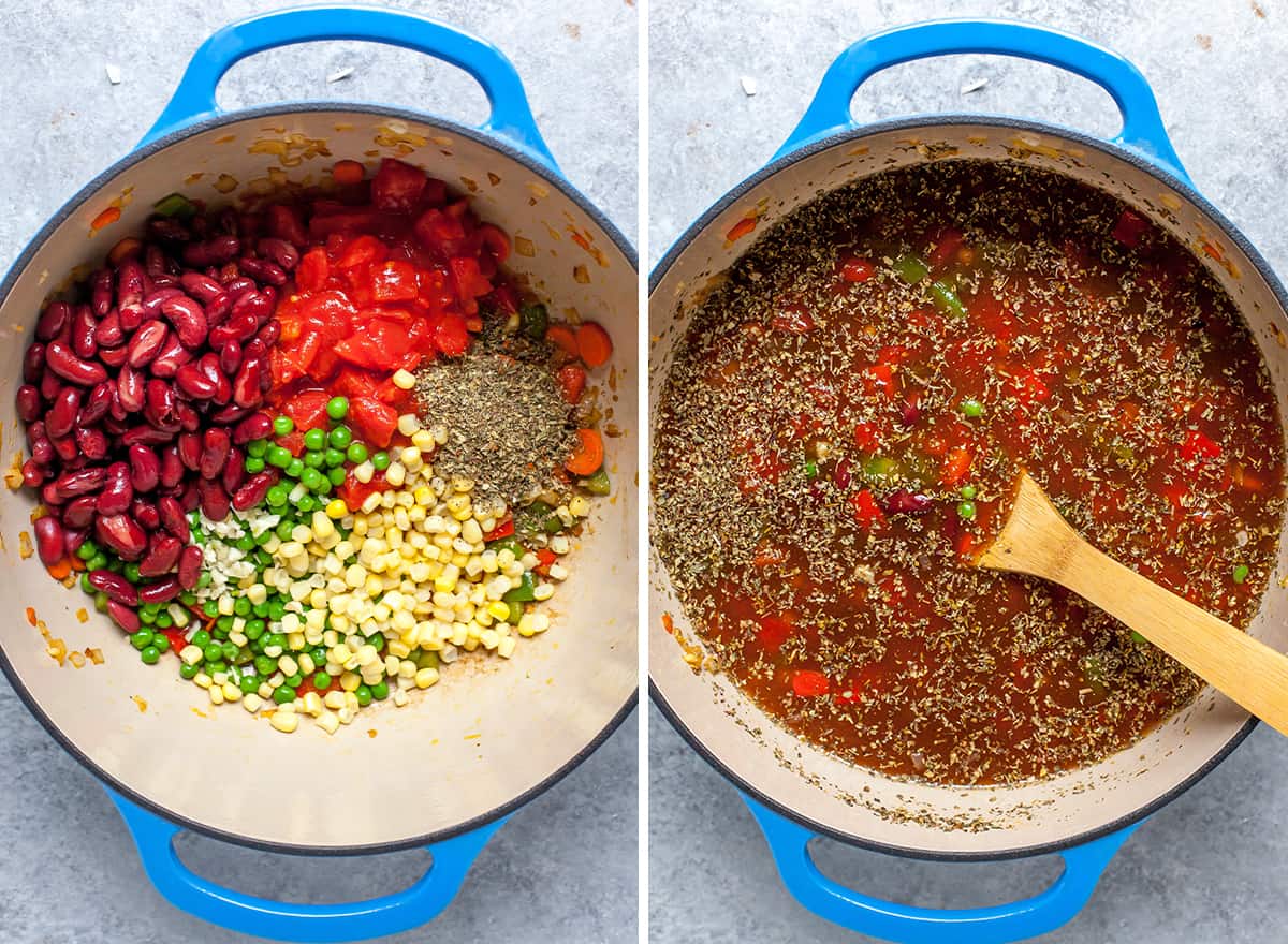 two overhead photos showing how to make tortellini soup - adding beans, tomatoes, and spices