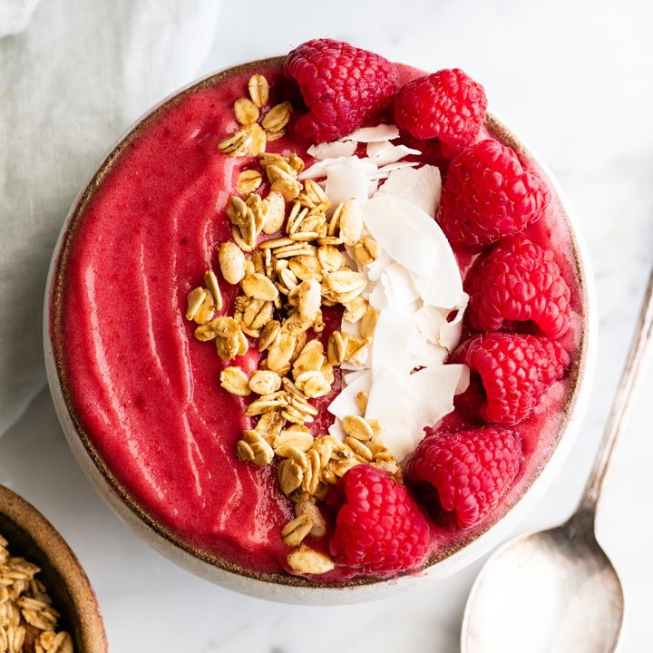 overhead view of a strawberry smoothie bowl recipe