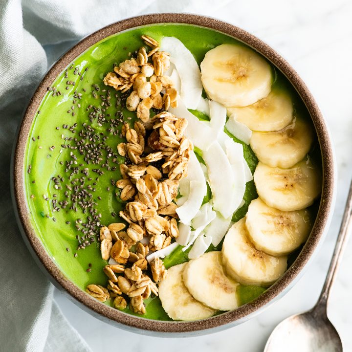 overhead view of a green smoothie bowl