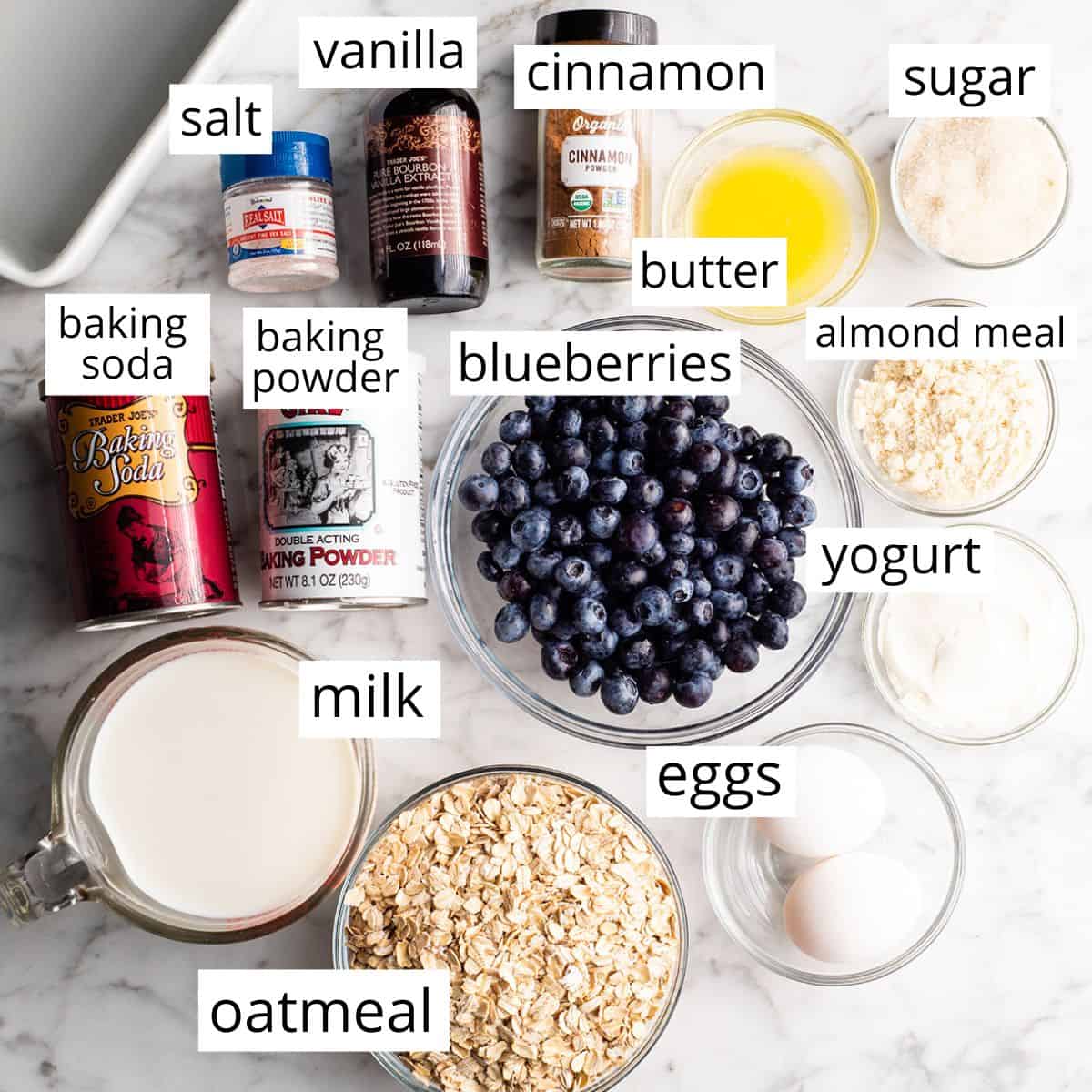 overhead photo of the labeled ingredients in this blueberry baked oatmeal recipe