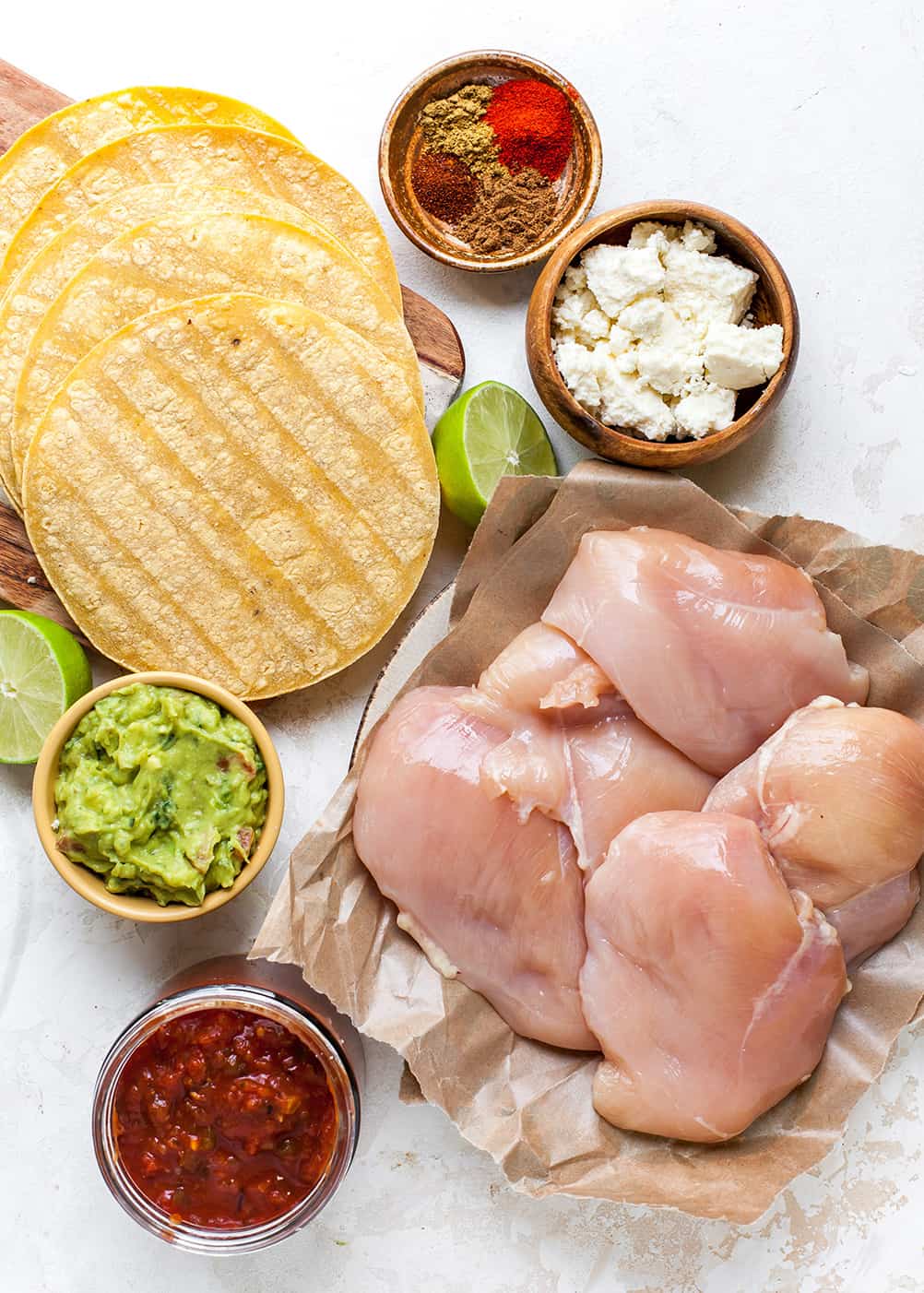 overhead view of the ingredients in this crockpot chicken tacos recipe