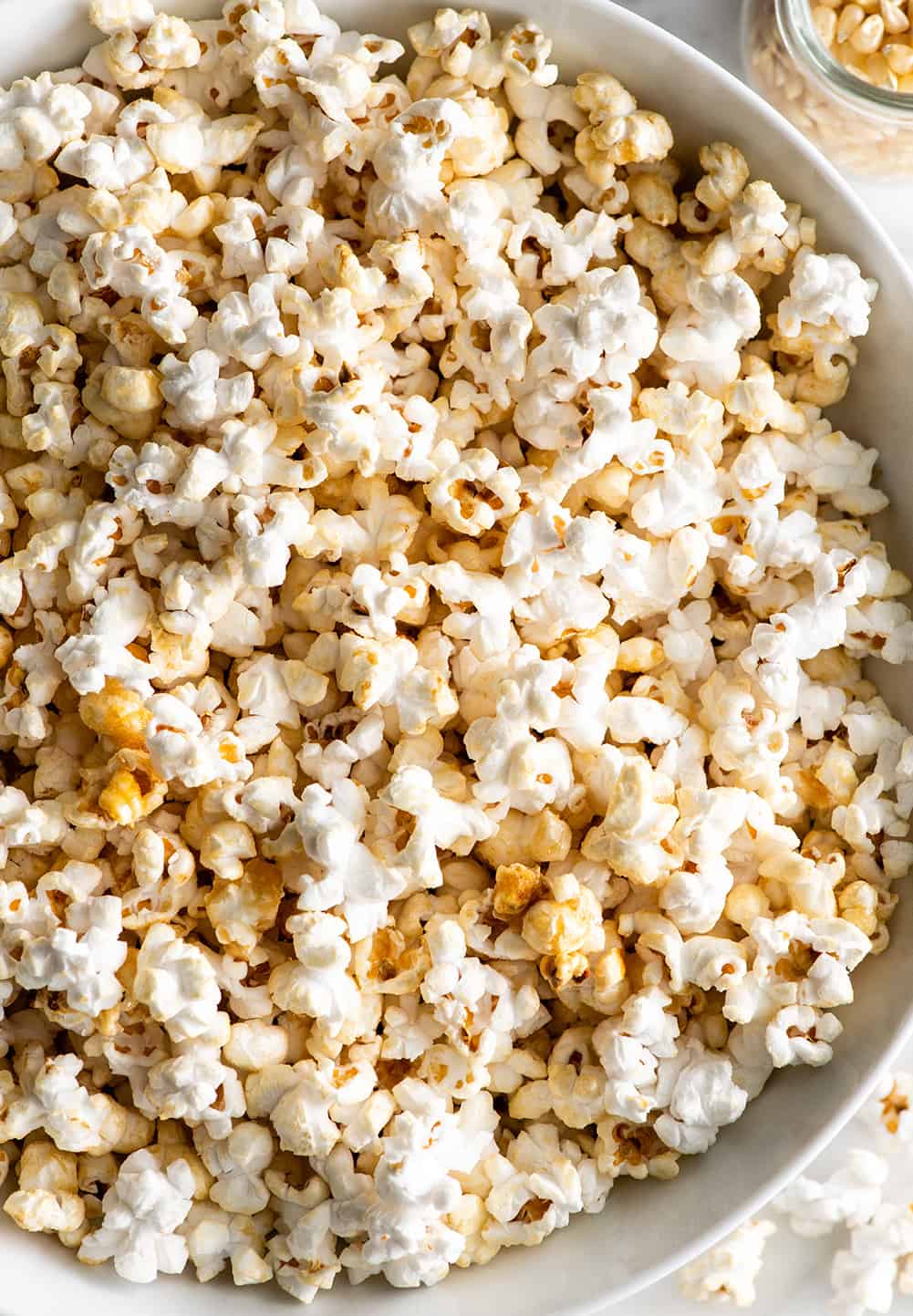 overhead view of a bowl of homemade kettle corn