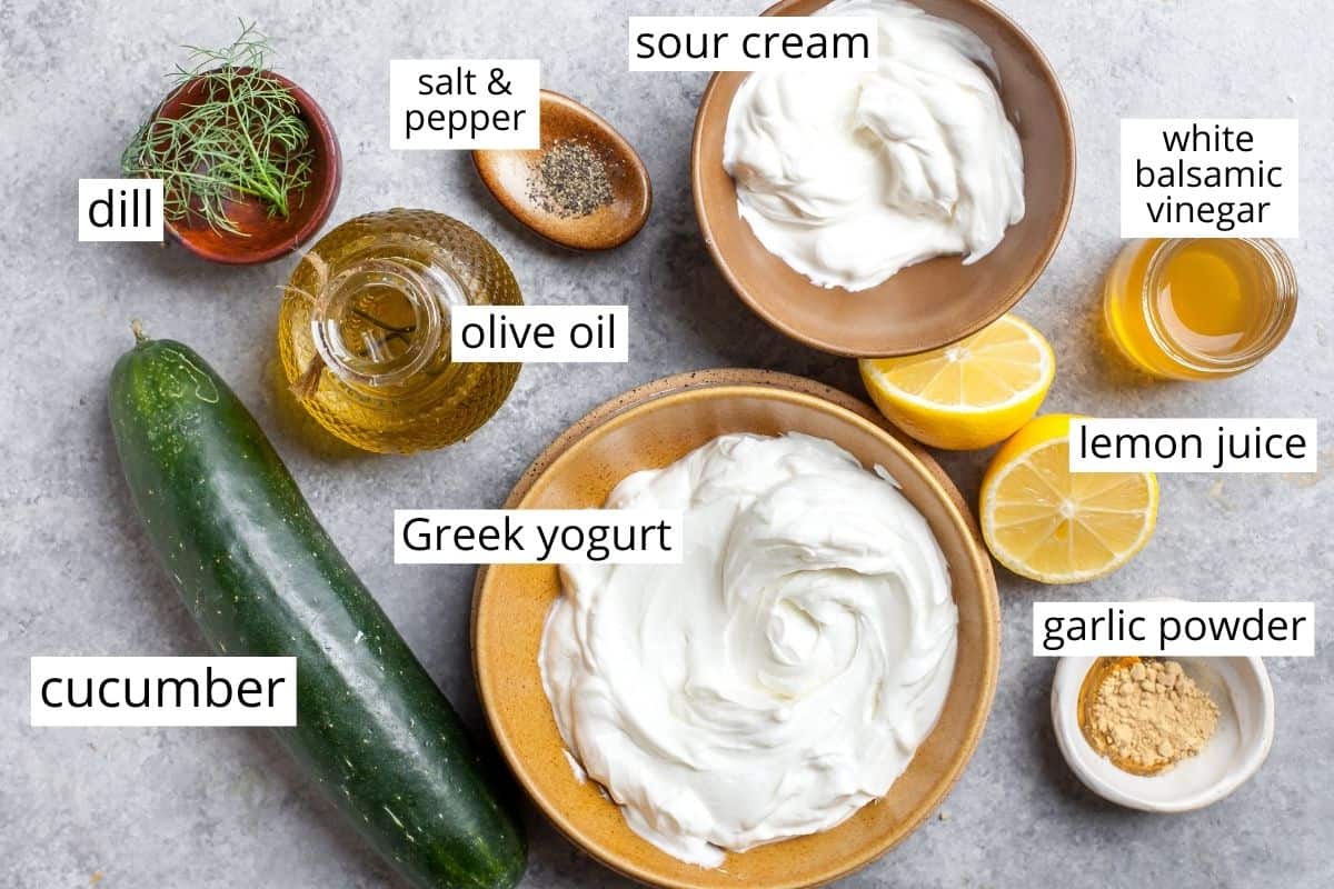 overhead photo of the ingredients in this Homemade Tzatziki Sauce Recipe