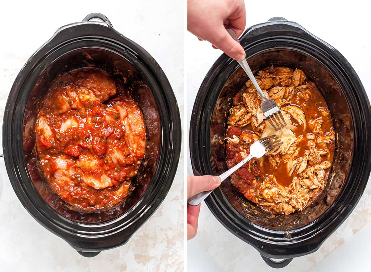 two overhead photos showing how to make crockpot chicken tacos in a slow cooker - chicken being shredded after finished cooking