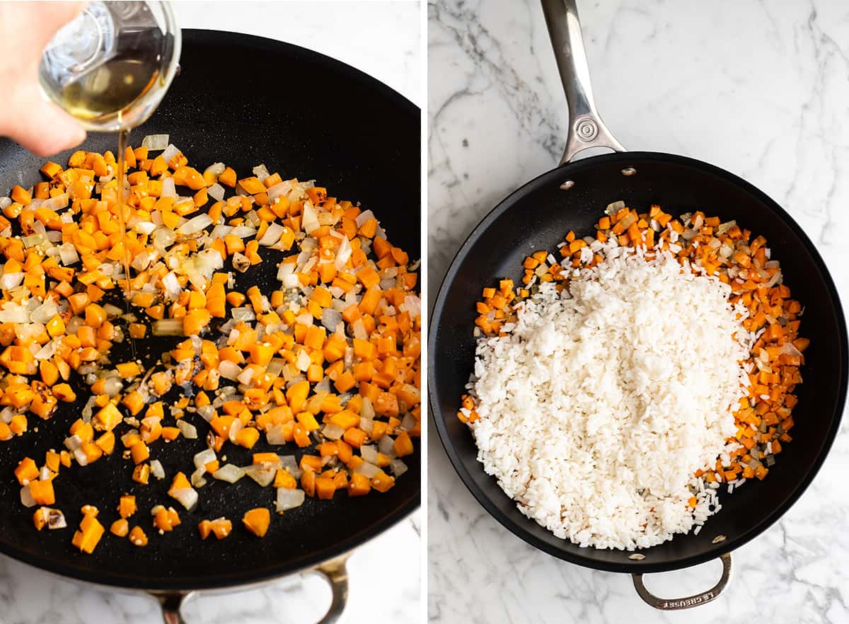 two overhead photos showing how to make fried rice