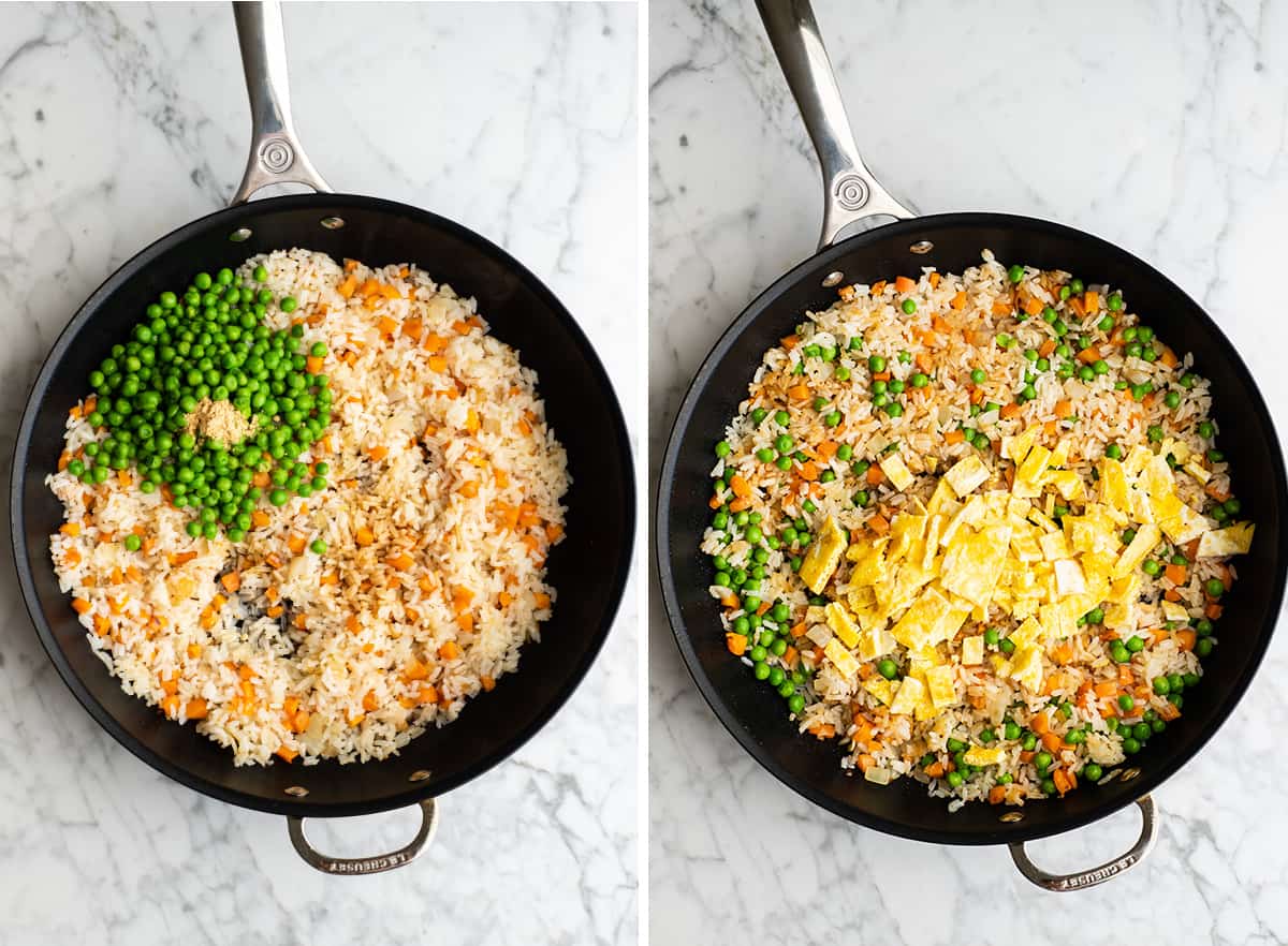 two overhead photos showing how to make fried rice