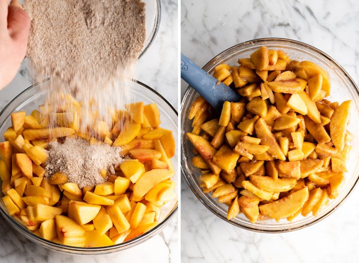 two photos showing how to make peach cobbler