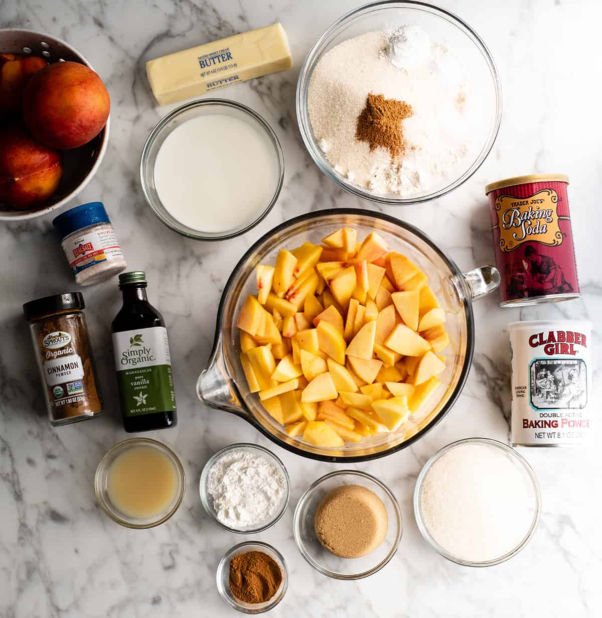 overhead photo of the ingredients in this peach cobbler recipe